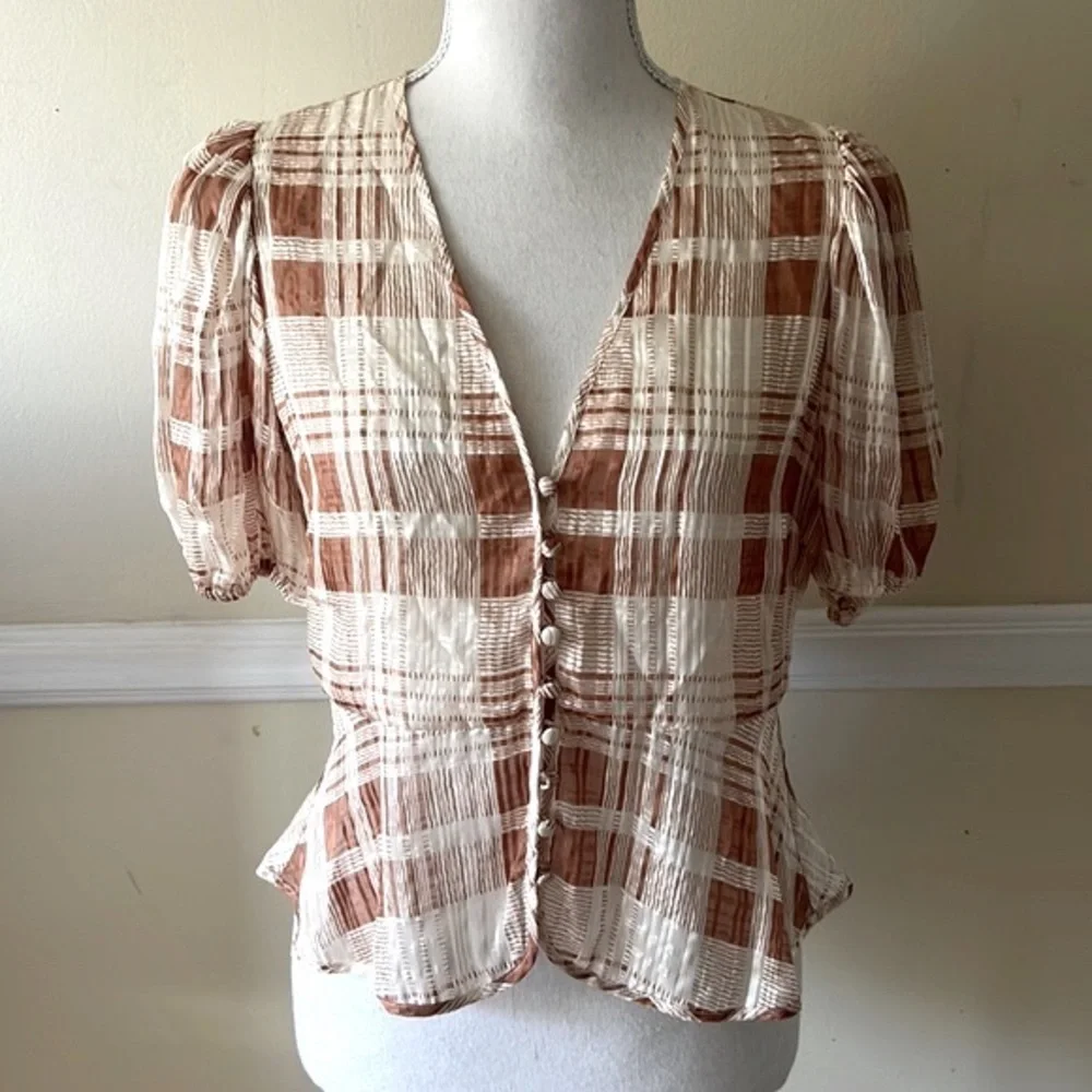 LoveShackFancy Brown and Cream Plaid Blouse - Picture 2 of 7